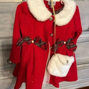 Red Holiday Coat with Faux Fur Collar